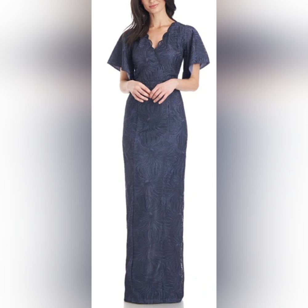 JS COLLECTIONS Drina V-Neck Column Gown NWOT size 8 Navy Blue